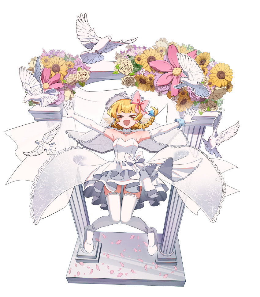 &gt;_&lt; 1girl :d absurdres alternate_costume artist_request bird blonde_hair bow braid breasts bridal_veil cleavage closed_eyes commission cookie_(touhou) dove dress elbow_gloves flower full_body gloves hair_bow highres jumping kirisame_marisa medium_breasts meguru_(cookie) open_mouth pet pink_bow pink_flower second-party_source shoes short_hair side_braid simple_background single_braid smile solo strapless strapless_dress thighhighs touhou transparent_background veil wedding_dress white_dress white_gloves white_shoes white_thighhighs xd yellow_flower