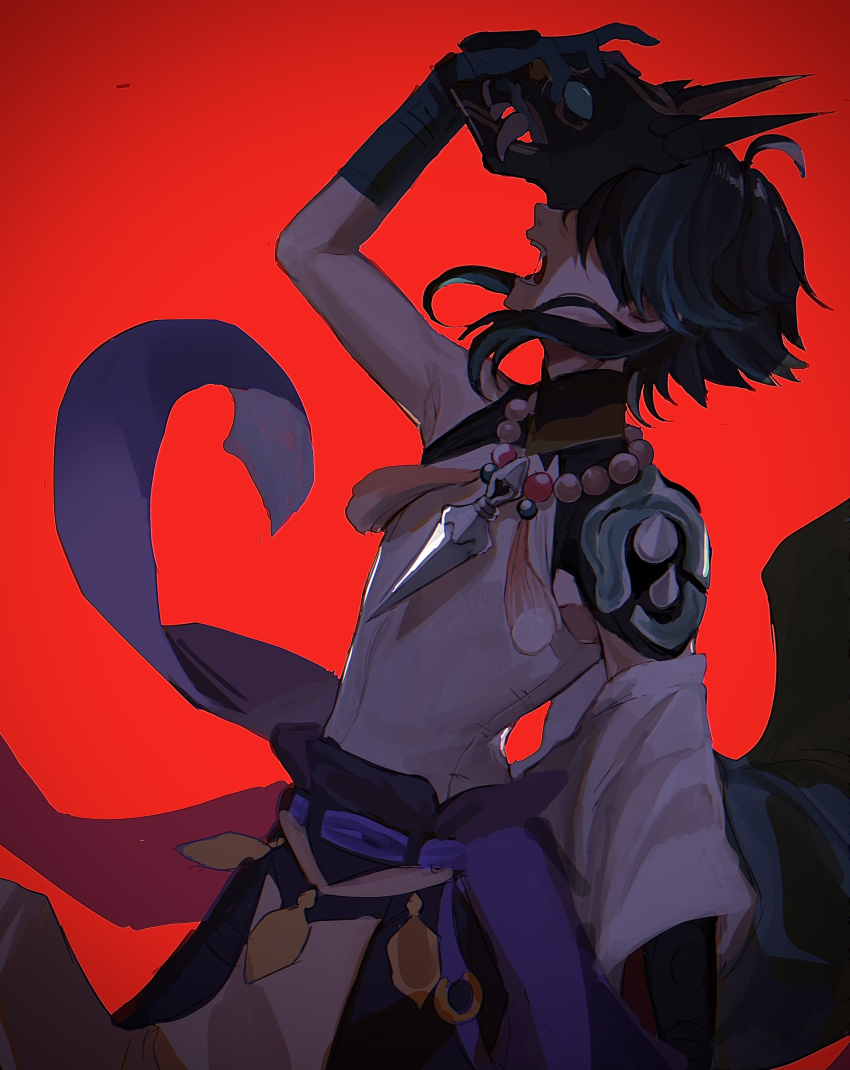 1boy absurdres ahoge arm_up armor backlighting bead_necklace beads black_gloves commentary_request cowboy_shot fangs genshin_impact gloves green_hair highres hoge_(n8sss) holding holding_mask jewelry male_focus mask necklace open_mouth profile red_neckwear screaming shirt short_hair short_hair_with_long_locks shoulder_armor shoulder_spikes simple_background single_bare_shoulder sleeveless sleeveless_shirt solo spikes tassel teeth white_shirt wide_sleeves xiao_(genshin_impact)