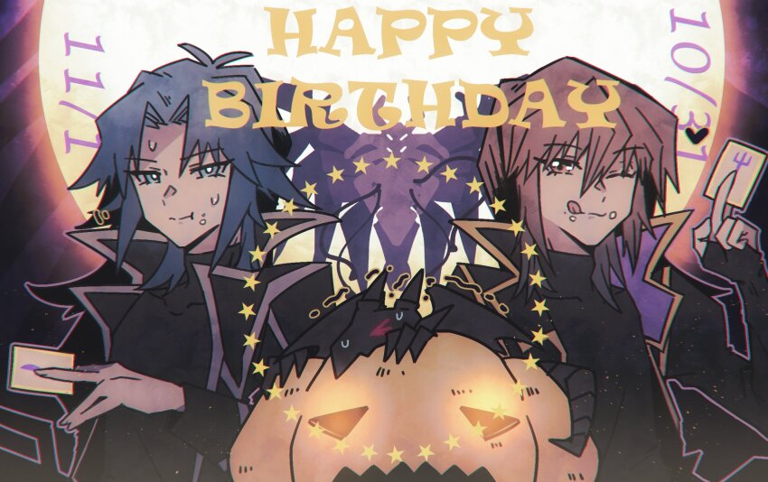 2boys :q brown_hair card cheek_bulge coat eating hair_between_eyes halloween happy_birthday highres holding holding_card long_sleeves male_focus marufuji_ryo multicolored_hair multiple_boys ncross_125 official_alternate_costume red-eyes_black_dragon sidelocks tenjouin_fubuki tongue tongue_out two-tone_hair yu-gi-oh! yu-gi-oh!_gx