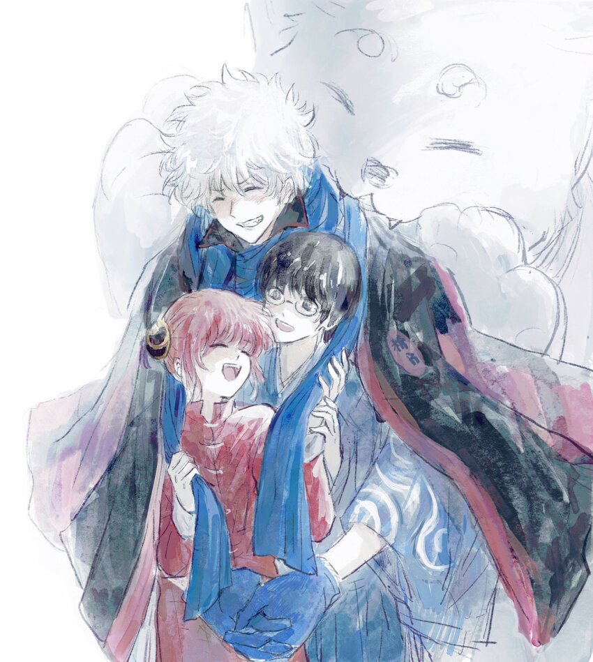 1girl 2boys animal black_kimono blonde_hair blue_gloves blue_scarf chinese_clothes closed_eyes gintama glasses gloves hair_bun highres hug japanese_clothes kagura_(gintama) kimono lushu_kuye multiple_boys red_hair red_shirt sadaharu sakata_gintoki scarf shimura_shinpachi shirt white_hair white_kimono