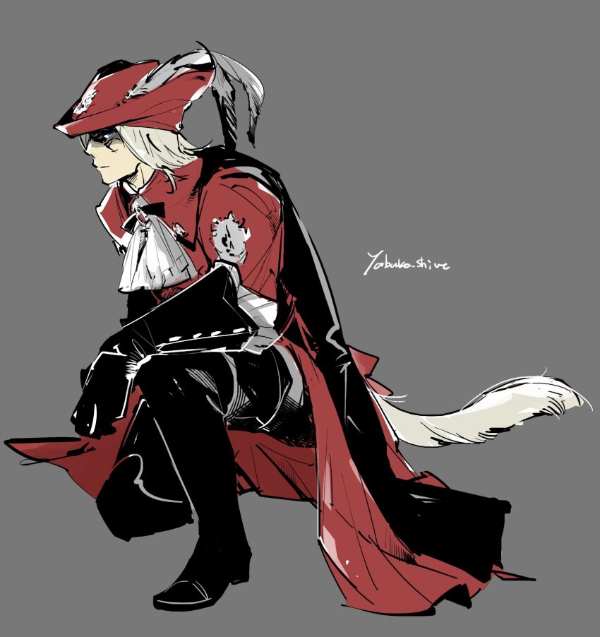 1boy ascot blue_eyes coat final_fantasy final_fantasy_xiv full_body grey_background highres kneeling male_focus miqo&#039;te red_coat red_mage_(final_fantasy) shaded_face signature simple_background solo white_ascot white_hair x&#039;rhun_tia yabuka_shiwa