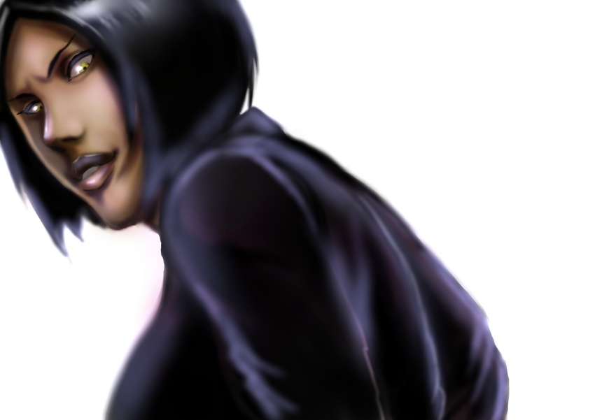 1girl black_hair bleach breasts dark_skin female_focus highres interracial jackie_tristan looking_at_viewer looking_back shiny_skin short_hair solo suzucon white_background
