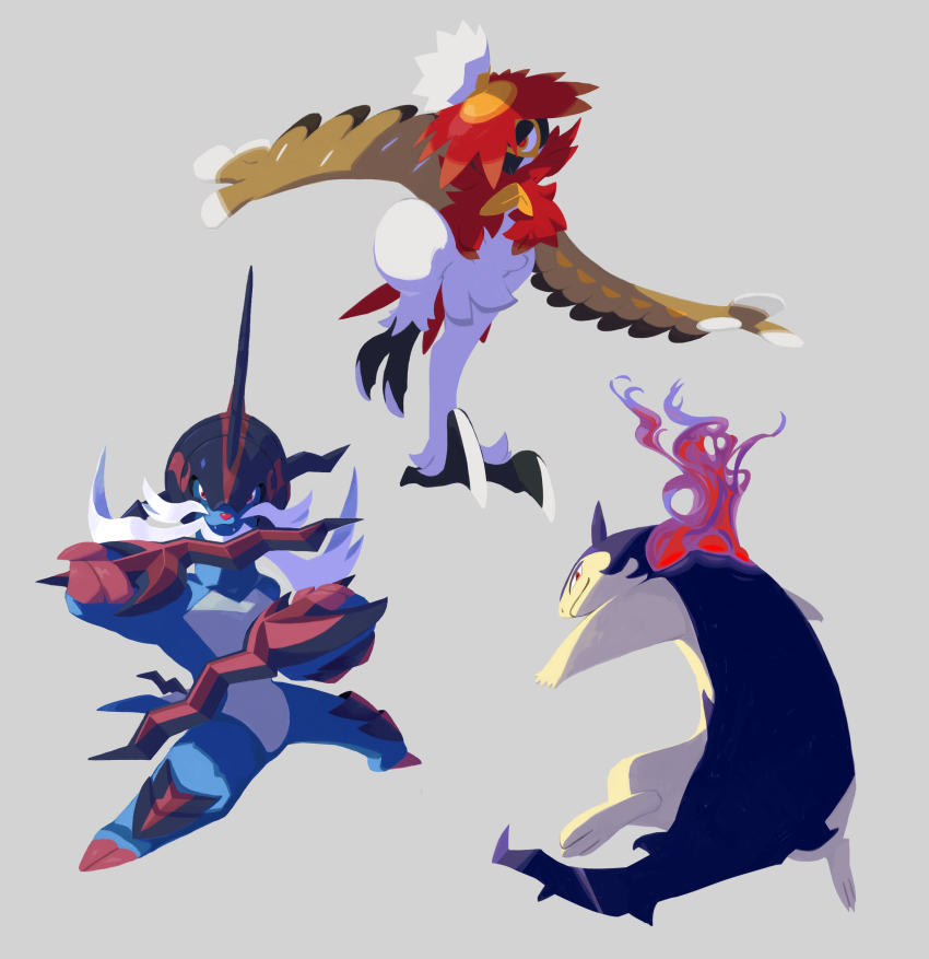 absurdres autumn_leaves closed_mouth dual_wielding facial_hair fangs fire grey_background hat highres hisuian_decidueye hisuian_samurott hisuian_typhlosion holding kochi8i leaf looking_at_viewer nintendo no_humans no_outlines pokemon pokemon_(creature) purple_fire seashell shell smile standing starter_pokemon_trio straw_hat sword talons weapon whiskers