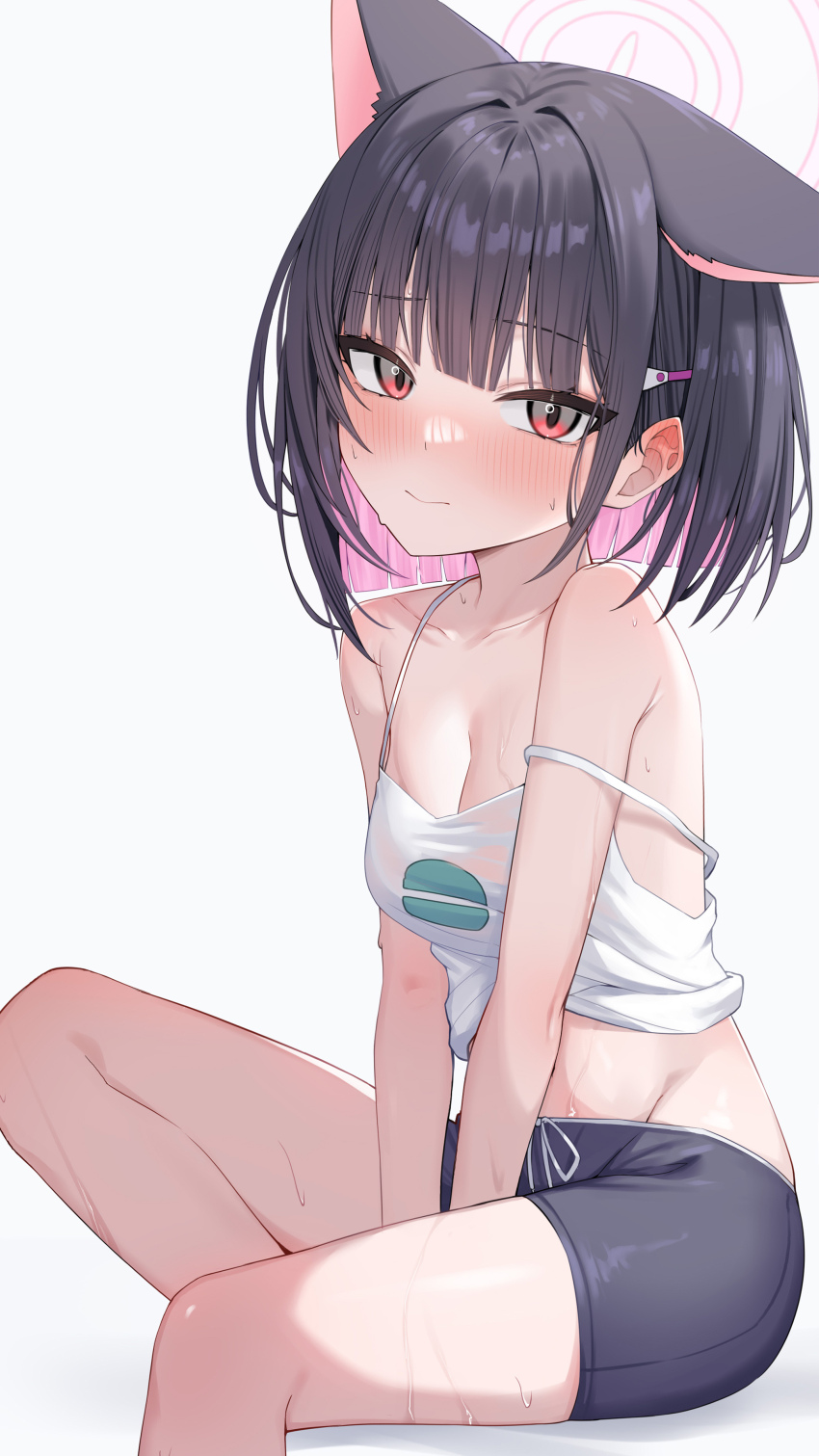 1girl absurdres animal_ears bare_shoulders between_legs black_bodysuit black_hair blue_archive blush bodysuit breasts camisole cleavage colored_inner_hair extra_ears hand_between_legs highres kazusa_(blue_archive) looking_at_viewer medium_breasts medium_hair multicolored_hair pink_hair red_eyes shirt short_shorts shorts simple_background sitting sleeveless sleeveless_shirt smile solo spaghetti_strap strap_slip sweat wendao white_background white_shirt