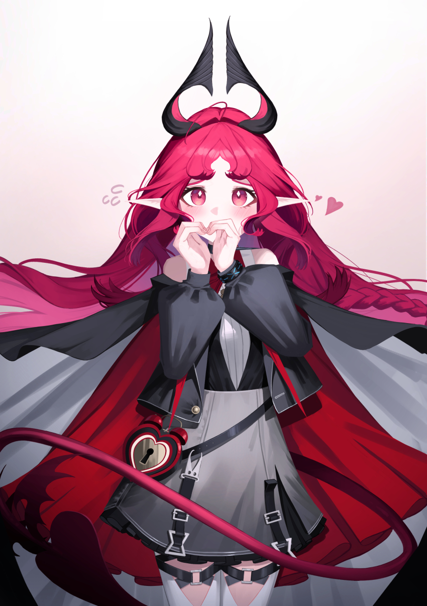 1girl absurdres arknights black_cape black_shirt blush bright_pupils cape commentary demon_horns demon_tail detached_sleeves english_commentary gradient_background grey_sky heart heart-shaped_bag heart_hands highres horns infection_monitor_(arknights) jewelry kimsuwan2013 locket long_hair looking_at_viewer nymph_(arknights) pendant pink_background pink_eyes pink_hair pointy_ears red_cape shirt sky solo tail white_background white_pupils
