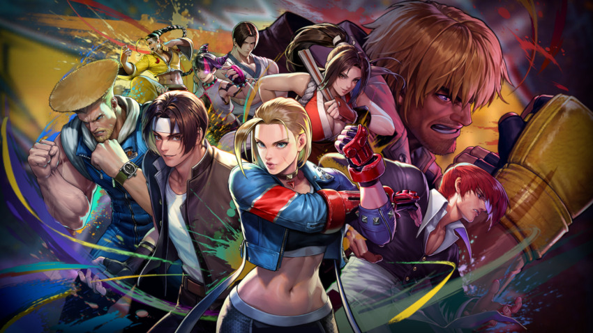 3girls 6+boys antenna_hair arm_guards bad_tag bare_shoulders black_sports_bra blonde_hair blue_eyes blue_jacket breasts brown_eyes brown_hair cammy_white capcom cleavage cropped_jacket crossover fatal_fury fingerless_gloves folded_fan folding_fan gloves guile hair_over_one_eye han_juri hand_fan headband high_ponytail highres holding holding_fan jacket jamie_siu japanese_clothes jewelry ken_masters kim_kaphwan kusanagi_kyou large_breasts long_hair looking_at_viewer multiple_boys multiple_girls ninja official_art pants pectoral_cleavage pectorals ponytail red_hair revealing_clothes rope scar shiranui_mai shirt short_hair smile snk sports_bra street_fighter street_fighter_6 the_king_of_fighters the_king_of_fighters_all-stars unbuttoned_sleeves union_jack white_headband yagami_iori yoga_pants