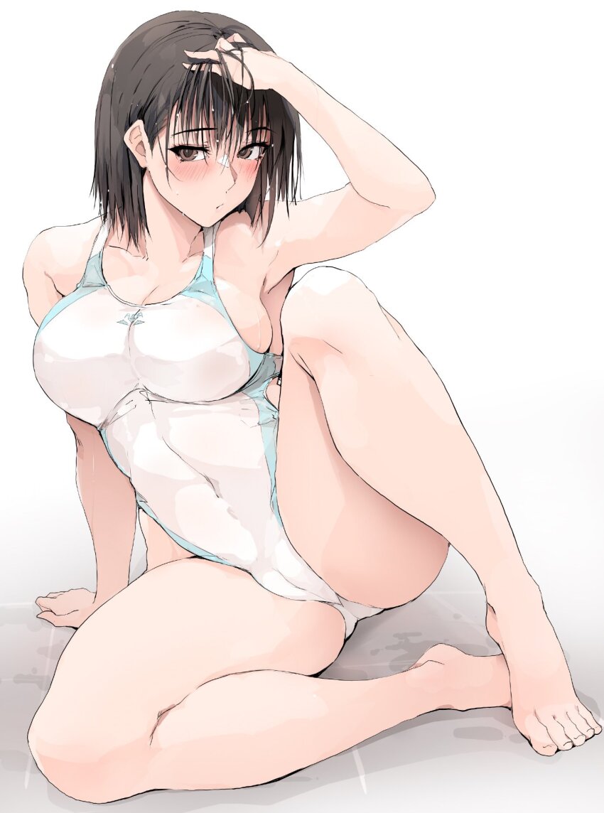 1girl bare_shoulders barefoot blush breasts brown_eyes brown_hair cleavage covered_navel highleg highleg_one-piece_swimsuit highres large_breasts looking_at_viewer one-piece_swimsuit original short_hair sitting solo swimsuit wet white_one-piece_swimsuit zekkyon