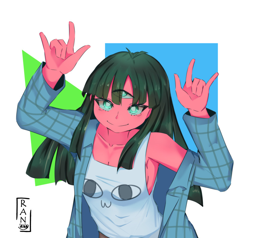 absurdres breasts brown_hair colored_skin green_eyes happy highres long_hair owo peace_symbol ran_sk red_skin sideboob simple_background triclops