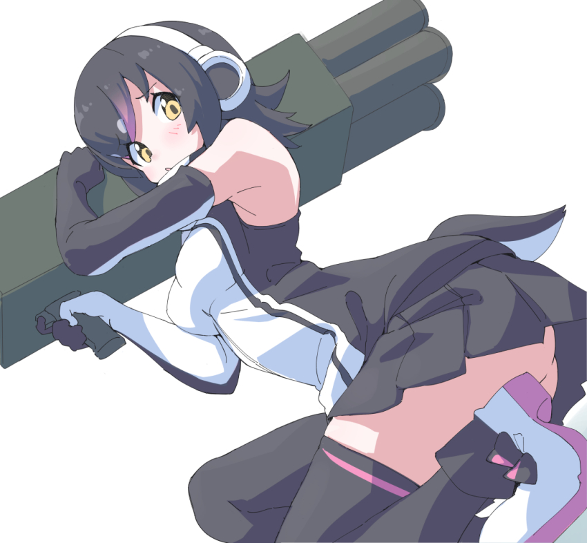 1girl bare_shoulders black_boots black_gloves black_hair black_shirt black_skirt black_thighhighs blush boots elbow_gloves gloves hair_between_eyes headphones high_collar holding holding_rocket_launcher holding_weapon humboldt_penguin_(kemono_friends) kemono_friends kemono_friends_v_project looking_at_viewer lowlandgorilla multicolored_boots multicolored_hair penguin_girl penguin_tail pleated_skirt purple_boots purple_hair rocket_launcher shirt short_hair sidelocks skirt sleeveless solo squatting tail thighhighs two-tone_gloves two-tone_shirt virtual_youtuber weapon white_boots white_gloves white_shirt yellow_eyes zettai_ryouiki
