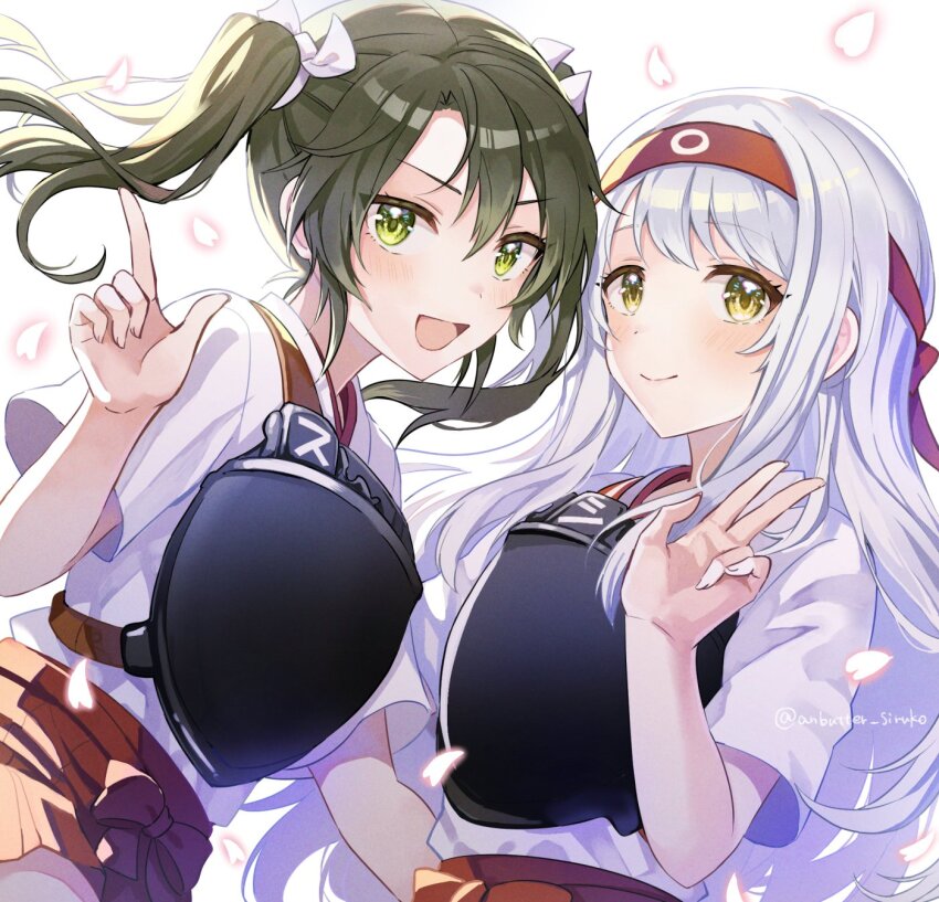 2girls anbutter_siruko blush falling_petals green_eyes green_hair hachimaki hair_ribbon hands_up headband highres japanese_clothes kantai_collection kimono long_hair looking_at_viewer medium_hair multiple_girls muneate open_mouth petals red_headband ribbon shoukaku_(kancolle) smile twintails upper_body white_background white_hair white_kimono white_ribbon yellow_eyes zuikaku_(kancolle)