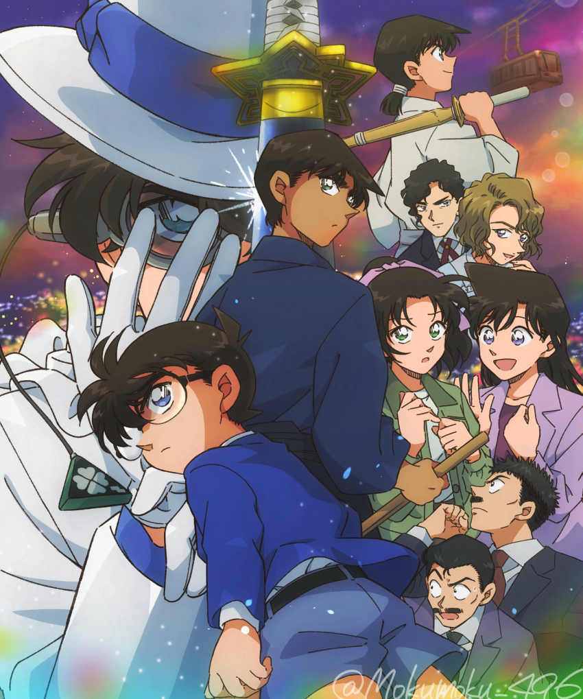 3girls 6+boys aqua_eyes black_hair blazer blonde_hair blue_eyes blue_jacket blue_shorts bow brown_hair city_lights commentary_request curly_hair dark-skinned_male dark_skin edogawa_conan everyone facial_hair floating_clothes formal_clothes glasses gloves green_eyes green_jacket hair_bow hair_slicked_back hand_on_own_face hat hattori_heiji highres iori_muga jacket japanese_clothes kaitou_kid katana long_hair long_sleeves looking_at_another looking_at_viewer looking_back looking_to_the_side low-tied_medium_hair magic_kaito meitantei_conan monocle monocle_chain mouri_kogoro mouri_ran multiple_boys multiple_girls mustache myab5555 nakamori_ginzo necktie okita_soushi_(meitantei_conan) oooka_momiji parted_bangs pink_bow purple_eyes purple_jacket red_necktie short_hair shorts suit sweatdrop sword tooyama_kazuha top_hat twitter_username very_long_hair weapon white_gloves white_suit wide-eyed