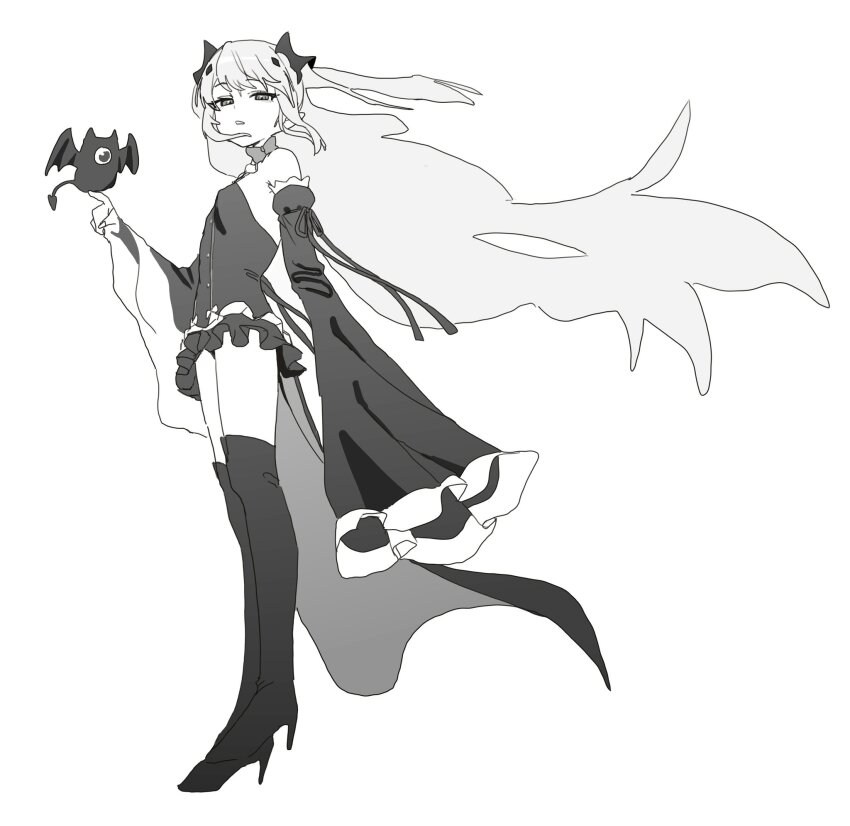 1girl arm_up backless_dress backless_outfit bare_shoulders bat_(animal) boots bow breasts detached_sleeves dress frilled_skirt frilled_sleeves frills full_body greyscale hair_bow half-closed_eyes highres kan_ppang krul_tepes long_hair long_sleeves looking_at_viewer miniskirt monochrome owari_no_seraph parted_lips ribbon-trimmed_sleeves ribbon_trim simple_background skirt sleeveless sleeveless_dress sleeves_past_fingers sleeves_past_wrists small_breasts solo standing thigh_boots two_side_up vampire very_long_hair white_background wide_sleeves