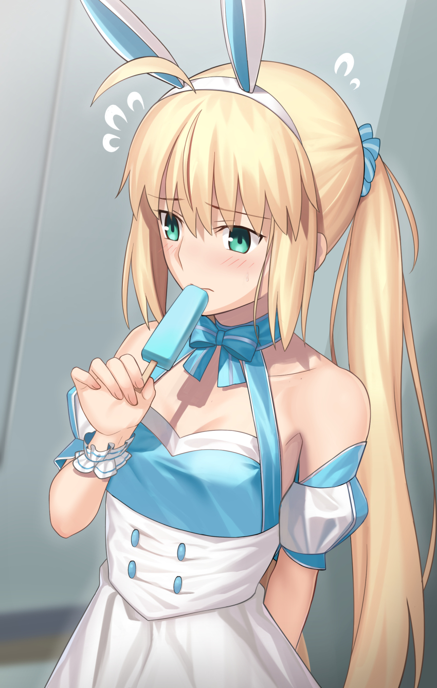 1girl absurdres ahoge animal_ears apron arms_behind_back artoria_caster_(fate) artoria_caster_(swimsuit_berserker)_(second_ascension)_(fate) artoria_pendragon_(fate) besmiled blonde_hair blue_bow blue_bowtie blue_dress blurry blurry_background blush bow bowtie breasts buttons chinese_commentary cleavage closed_mouth collarbone commentary_request depth_of_field detached_sleeves dress fake_animal_ears fate/grand_order fate_(series) flying_sweatdrops food frown green_eyes hair_between_eyes hairband highres holding holding_food holding_popsicle indoors long_hair ponytail popsicle puffy_short_sleeves puffy_sleeves rabbit_ears scrunchie short_sleeves small_breasts solo speech_bubble thought_bubble variant_set very_long_hair white_apron white_hairband white_sleeves wide-eyed wrist_scrunchie