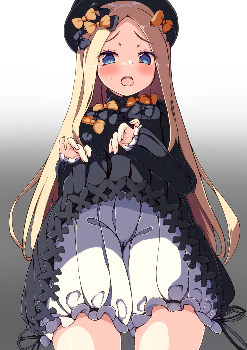 1girl abigail_williams_(fate) black_bow black_dress black_hat blonde_hair bloomers blue_eyes blush bow breasts clothes_lift dress fate/grand_order fate_(series) forehead hair_bow hat highres long_hair long_sleeves looking_at_viewer open_mouth orange_bow parted_bangs peisuto ribbed_dress small_breasts solo stuffed_animal stuffed_toy teddy_bear underwear white_bloomers
