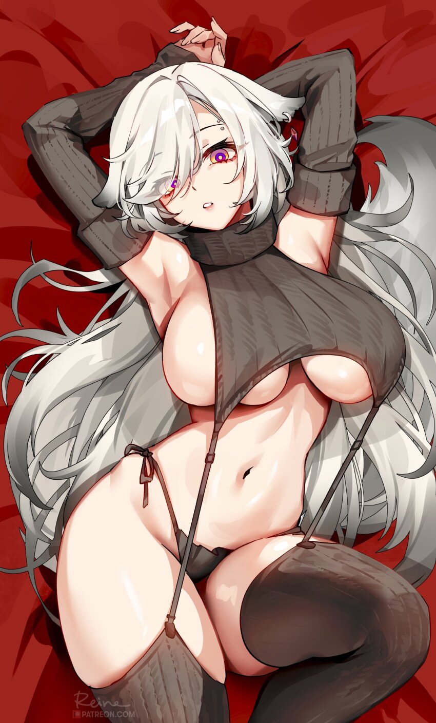 1girl absurdres animal_ears armpits arms_behind_head arms_up bare_shoulders bed_sheet bikini bikini_bottom_only black_bikini black_thighhighs breasts crop_top detached_sleeves earrings eyes_visible_through_hair floppy_ears fox_ears fox_girl fox_tail foxyreine garter_straps hair_over_one_eye highleg highleg_bikini highres jewelry knee_up large_breasts long_hair long_sleeves looking_at_viewer lying meme_attire navel no_bra no_pants on_back original parted_lips piercing purple_eyes revealing_clothes ribbed_sleeves ribbed_sweater ribbed_thighhighs side-tie_bikini_bottom sideboob sister_reine_(foxyreine) sleeveless sleeveless_sweater sleeveless_turtleneck solo stomach string_bikini sweater swimsuit tail thighhighs thighs turtleneck underboob very_long_hair virgin_destroyer_sweater white_hair