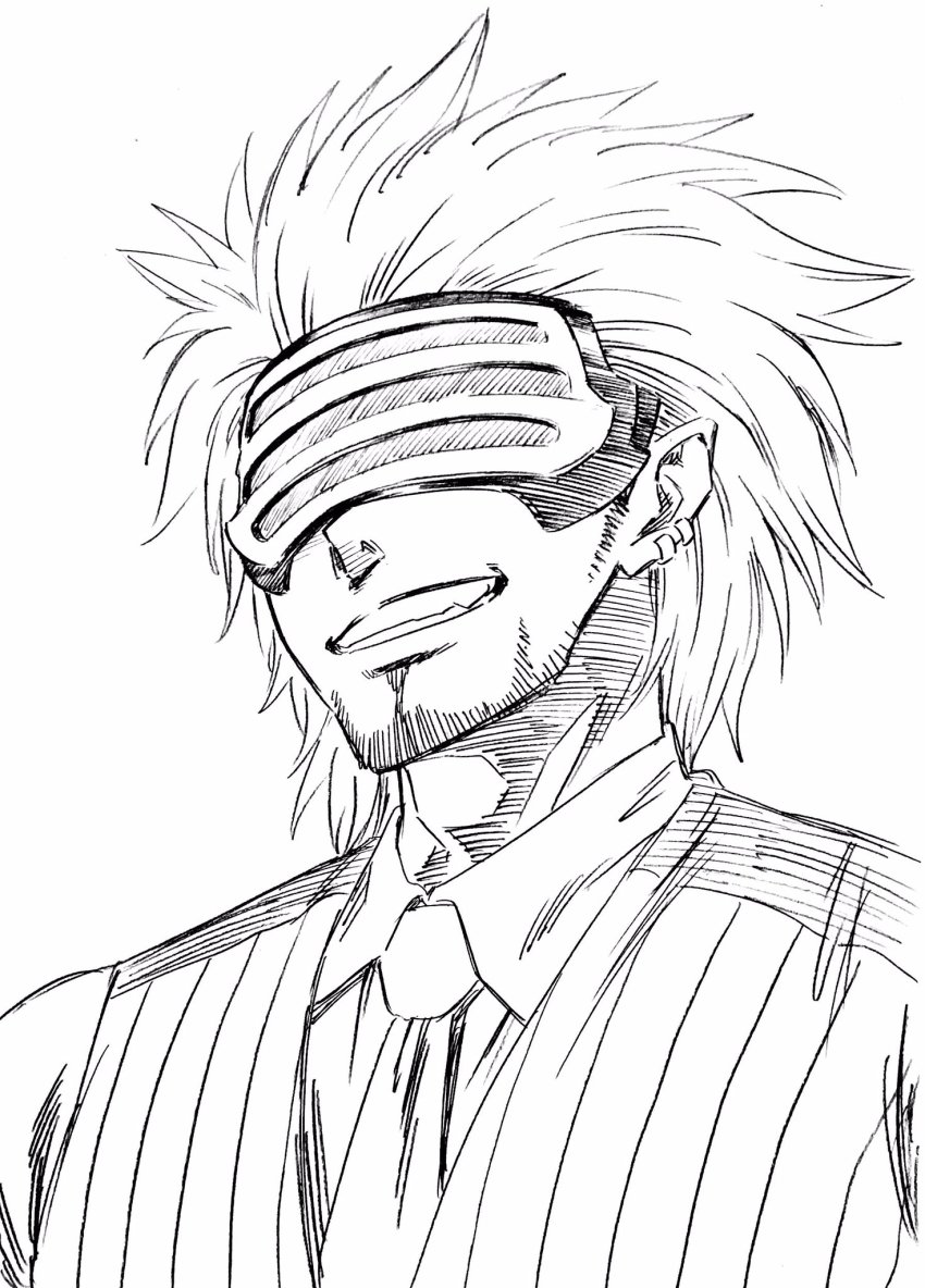 1boy ace_attorney capcom earrings facial_hair goatee godot_(ace_attorney) graphite_(medium) greyscale grin hatching_(texture) highres jewelry lee_(dragon_garou) male_focus monochrome necktie phoenix_wright:_ace_attorney_-_trials_and_tribulations sketch smile solo traditional_media upper_body vest visor