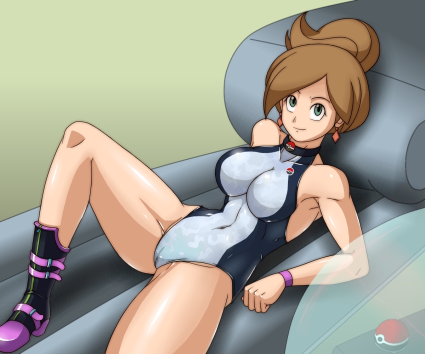 1girl professor_juniper bad_id bad_pixiv_id bed boots bracelet breasts brown_hair cameltoe choker deadmoon_(kein2002) earrings green_eyes jewelry looking_up lying medium_breasts navel nintendo one-piece_swimsuit poke_ball pokemon pokemon_bw smile swimsuit thighs toned toned_female