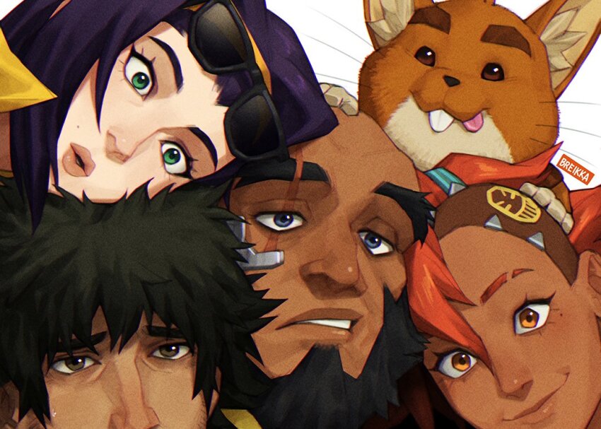 2boys 2girls ashe_(overwatch) blue_eyes breikka cassidy_(overwatch) cosplay cowboy_bebop dark-skinned_female dark_skin edward_wong_hau_pepelu_tivrusky_iv ein_(cowboy_bebop) faye_valentine green_eyes hammond_(overwatch) jet_black lips matching_hair/eyes mauga_(overwatch) medium_hair mole mole_above_mouth mole_under_eye multiple_boys multiple_girls orange_eyes orange_hair overwatch overwatch_2 purple_hair scar scar_across_eye scar_on_face sombra_(overwatch) spike_spiegel sunglasses