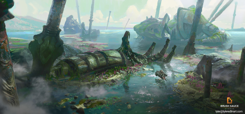 absurdres aircraft battlefield cloud commentary damaged debris dirty english_commentary english_text fog highres hovercraft impaled machinery mecha moss original realistic robot rust science_fiction severed_limb sword tyler_edlin water watercraft weapon wetland wreckage