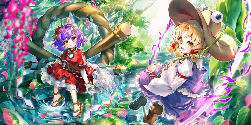 2girls aged_down blonde_hair blurry blush breasts brown_hat child closed_mouth depth_of_field falling_petals flower_request game_cg hair_ornament hair_ribbon hat highres layered_sleeves leaf_hair_ornament long_hair long_sleeves looking_at_viewer mirror moriya_suwako moriya_suwako_(moriya&#039;s_unofficial_tiny_god) multiple_girls official_art onbashira open_mouth outdoors petals pink_petals purple_hair purple_skirt purple_vest red_eyes red_ribbon renta_(deja-vu) ribbon rope sandals shide shimenawa short_over_long_sleeves short_sleeves sitting skirt skirt_set smile third-party_source touhou touhou_lostword tress_ribbon vest water wide_sleeves yasaka_kanako yasaka_kanako_(moriya&#039;s_official_tiny_god) yellow_eyes