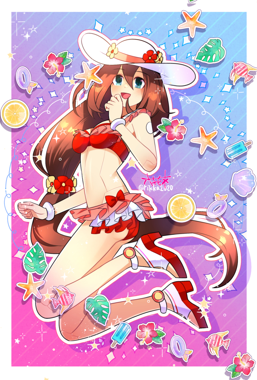 1girl :d android anklet aqua_eyes armlet bikini border bow breasts brown_hair clenched_hands commentary_request dot_nose drop_shadow eyes_visible_through_hair facing_to_the_side fish flower flower_ornament food frilled_bikini frills fruit full_body gem_(symbol) gradient_background hair_between_eyes hand_up happy hat hat_flower high_heels highres iris_(mega_man) jewelry joints leaf legs_up light_blush long_hair looking_to_the_side looking_up low-tied_long_hair medium_breasts mega_man_(series) mega_man_x_(series) mega_man_x_dive no_navel open_mouth orange_(fruit) outline popsicle purple_innertube red_bikini red_bow red_flower red_footwear rikka_(user_hruv2435) robot_joints slit_pupils smile solo sparkle sparkle_background star_(symbol) starfish striped_background sun_hat sun_hat_ornament swimsuit thick_outlines twitter_username very_long_hair white_border white_hat white_outline