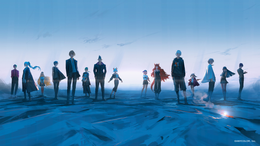 1other 6+boys 6+girls absurdres ahoge bare_shoulders baseball_cap belt black_hair blonde_hair boots brown_hair cloud clown coat commentary_request crop_top demon_girl demon_wings dola_(nijisanji) dragon_girl dragon_horns dragon_tail dress elf formal_clothes formal_clothes green_hair grey_hair hanabatake_chaika hat highres higuchi_kaede holding holding_stuffed_toy hood hood_down hoodie horizon horns jacket jewelry joe_rikiichi kagami_hayato kanae_(nijisanji) kenmochi_touya kuzuha_(nijisanji) levi_elipha long_hair low_ponytail machita_chima makaino_ririmu multicolored_hair multiple_boys multiple_girls navel necklace nijisanji off-shoulder_jacket off_shoulder official_art open_clothes open_jacket outdoors pink_hair pink_shirt pointy_ears ponytail red_eyes red_hair reoen ryuushen scenery shiina_yuika shirt short_hair shorts side_ponytail sky sleeveless sleeveless_jacket standing stuffed_animal stuffed_panda stuffed_toy suit suspenders tail tank_top tsukino_mito twintails two-tone_hair very_long_hair virtual_youtuber wide_shot wide_sleeves wings yumeoi_kakeru