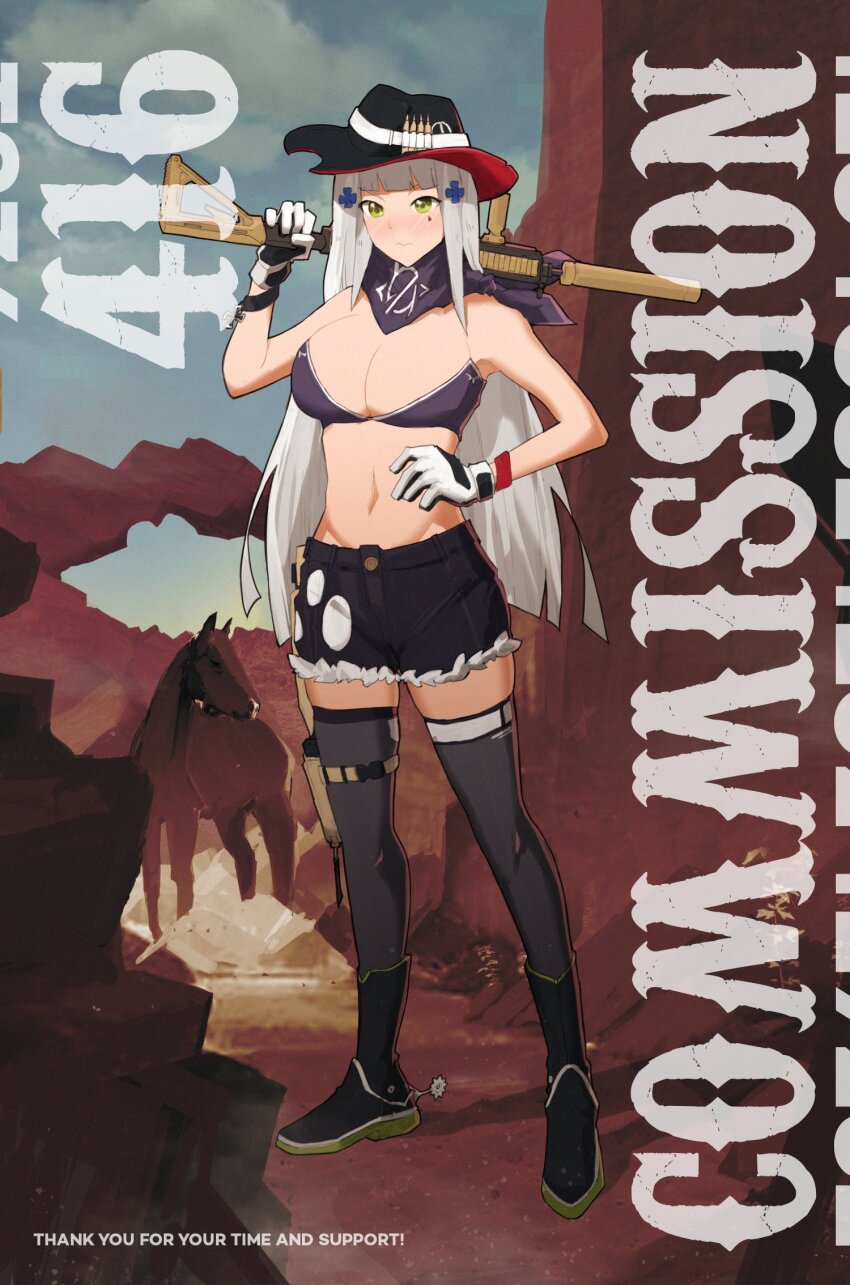1girl alternate_costume ammunition assault_rifle bare_shoulders bikini breasts cleavage commentary commission cowboy cowboy_hat cowboy_western denim denim_shorts english_commentary facial_mark girls&#039;_frontline gloves green_eyes gun gun_on_back h&amp;k_hk416 hand_on_own_hip hat heckler_&amp;_koch highres hk416_(girls&#039;_frontline) horse large_breasts long_hair lowleg lowleg_pants navel outdoors over_shoulder pants rifle scarf shoes shorts sidelocks sneakers solo suppressor swimsuit tattoo teardrop teardrop_facial_mark teardrop_tattoo thigh_strap variasii very_long_hair weapon weapon_on_back weapon_over_shoulder western