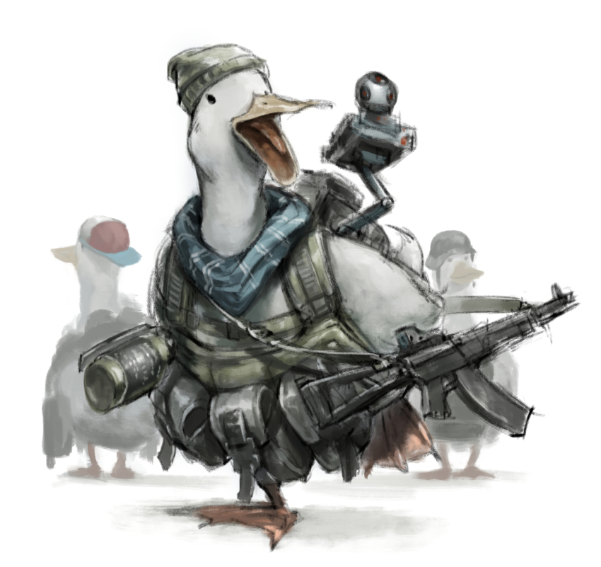ak-74 aks-74 assault_rifle baseball_cap beanie belt_pouch bird bulletproof_vest duck full_body gun hat helmet highres kalashnikov_rifle no_humans open_mouth original pouch rifle scarf simple_background smoke_grenade soldier tianzhong_zhongtian tongue tongue_out virtual_youtuber walking weapon white_background