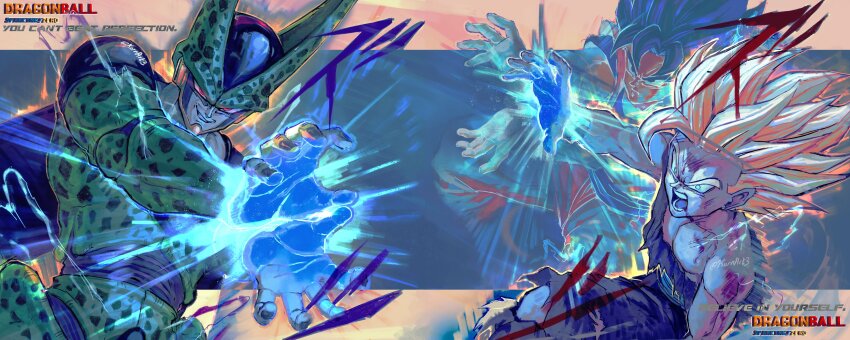 3boys absurdres arthropod_boy aura battle black_hair blonde_hair blood_on_body blue_eyes blue_sash broken_arm bruise bruise_on_arm bruise_on_face carapace cell_(dragon_ball) confrontation dots dragon_ball dragon_ball:_sparking! dragonball_z electricity energy evil_grin evil_smile father-son_kamehameha father_and_son glowing glowing_eyes glowing_hand glowing_hands grin highres injury insect_wings jumpsuit kamehameha_(dragon_ball) kornart male_focus multiple_boys muscular muscular_male open_mouth opposing_sides outstretched_arms outstretched_hand own_hands_together perfect_cell powering_up purple_jumpsuit red_eyes sash scene_reference scratches smile son_gohan son_goku spiked_hair spirit spots super_saiyan super_saiyan_2 torn_clothes v-shaped_eyebrows wings
