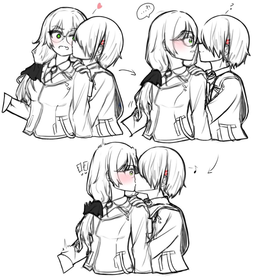 2girls abroquse breasts glasses green_eyes hair_ornament hair_over_one_eye hair_over_shoulder hairclip heaven_burns_red highres izumi_yuki_(heaven_burns_red) jacket kayamori_ruka kiss long_hair long_sleeves low-tied_long_hair multiple_girls multiple_views partially_colored red_eyes round_eyewear shirt short_hair white_shirt yuri
