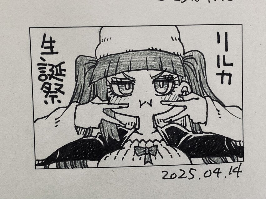 1girl 2025 :&lt; alternate_breast_size black_dress bleach blush breasts chibi dated dokugamine_riruka dress fingernails hanya_(hanya_yashiki) hat large_breasts long_hair looking_at_viewer monochrome nail_polish photo_(medium) puffy_cheeks simple_background solo traditional_media tsundere twintails very_long_hair white_background