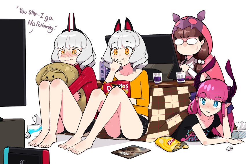 4girls black_shirt black_shorts blue_eyes blush brown_hair carmilla_(fate) carmilla_alter_(monkey_jon)_(fate) chips_(food) closed_mouth commentary cover crying crying_with_eyes_open cup doritos drawing_tablet dvd_cover eating elizabeth_bathory_(fate) english_commentary english_text fate/grand_order fate_(series) flustered food glasses grape_juice hair_ornament highres hugging_object juice knees_up long_hair monkey_jon multiple_girls musical_note musical_note_print nintendo_switch no_mouth no_pupils original phantom_maiden_(fate) pink_hair potato_chips red_shirt shirt short_hair shorts simple_background sweatdrop tears the_iron_giant tissue tissue_box twintails used_tissue white_background white_hair yellow_eyes yellow_shirt