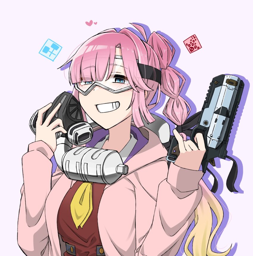 1girl :d ahoge anyoji_hime apex_legends b3_wingman black_ribbon blonde_hair blue_eyes blunt_bangs borrowed_accessory breasts brown_dress caustic_(apex_legends) commentary_request dress drop_shadow finger_on_trigger goggles gradient_hair grin gun hair_intakes hair_ribbon half-closed_eyes handgun hasu_no_sora_school_uniform heart highres holding holding_gun holding_mask holding_weapon hood hooded_jacket jacket link!_like!_love_live! long_hair long_sleeves looking_at_viewer love_live! mask medium_breasts multi-tied_hair multicolored_hair neckerchief open_clothes open_jacket open_mouth pink_hair pink_jacket ponytail respirator ribbon sailor_collar sailor_dress school_uniform sidelocks simple_background skull smile solo swept_bangs tetetsu unworn_mask upper_body very_long_hair virtual_youtuber weapon white_background white_sailor_collar winter_uniform yellow_neckerchief