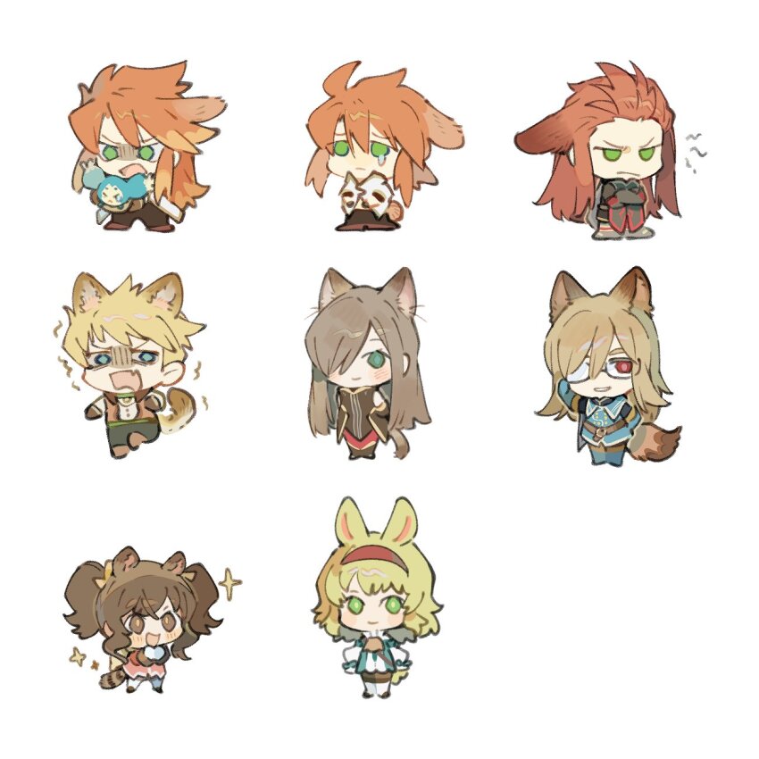 3girls 4boys adjusting_eyewear angry animal_ears anise_tatlin asch_(tales) ascot black_jacket black_pants blonde_hair blue_eyes blue_footwear blue_gloves blue_jacket blush brown_dress brown_eyes brown_footwear brown_hair cat_ears chibi closed_mouth commentary_request crossed_arms detached_sleeves dog_ears dress evil_smile fox_ears full_body glasses gloves green_eyes guy_cecil hair_between_eyes hair_over_one_eye hair_slicked_back hairband highres jacket jade_curtiss light_brown_hair long_hair looking_at_viewer luke_fon_fabre medium_hair mieu_(tales) military_uniform multiple_boys multiple_girls natalia_luzu_kimlasca_lanvaldear official_alternate_hair_length official_alternate_hairstyle open_mouth pants pink_dress rabbit_ears raccoon_ears red_eyes red_hair red_thighhighs sad scared short_hair sidelocks single_tear sleeveless sleeveless_dress smile sparkle spiked_hair standing tail tales_of_(series) tales_of_the_abyss tear_grants thighhighs trembling twintails white_background white_gloves white_jacket xing_20 yellow_ascot