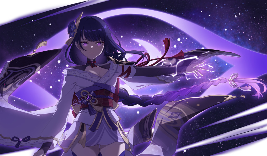 1girl absurdres black_shrug blue_pupils breasts cleavage closed_mouth commentary cowboy_shot electricity floating_hair genshin_impact glowing glowing_hair hair_ornament highres japanese_clothes kimono long_hair long_sleeves looking_at_viewer low-braided_long_hair low-tied_long_hair luyue medium_breasts outstretched_arm purple_eyes purple_hair purple_kimono raiden_shogun shrug_(clothing) solo thighs very_long_hair