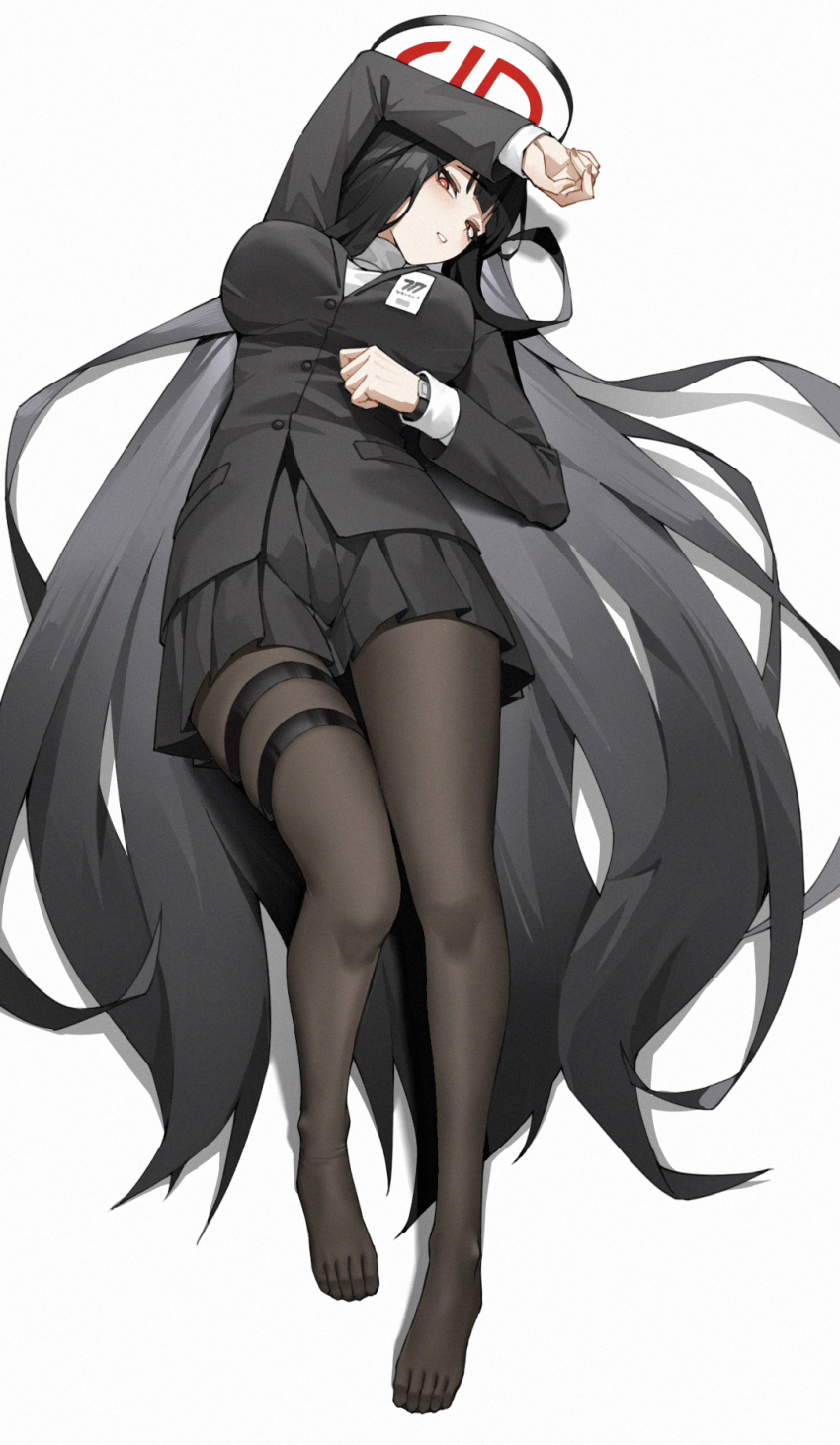1girl arm_on_own_head arm_up black_hair black_jacket black_pantyhose black_skirt blue_archive breasts clock full_body halo highres jacket large_breasts long_hair looking_at_viewer lying no_shoes on_back pantyhose pleated_skirt rio_(blue_archive) shi_ling_fangcheng simple_background skirt solo suit_jacket thigh_strap toes watch white_background wristwatch
