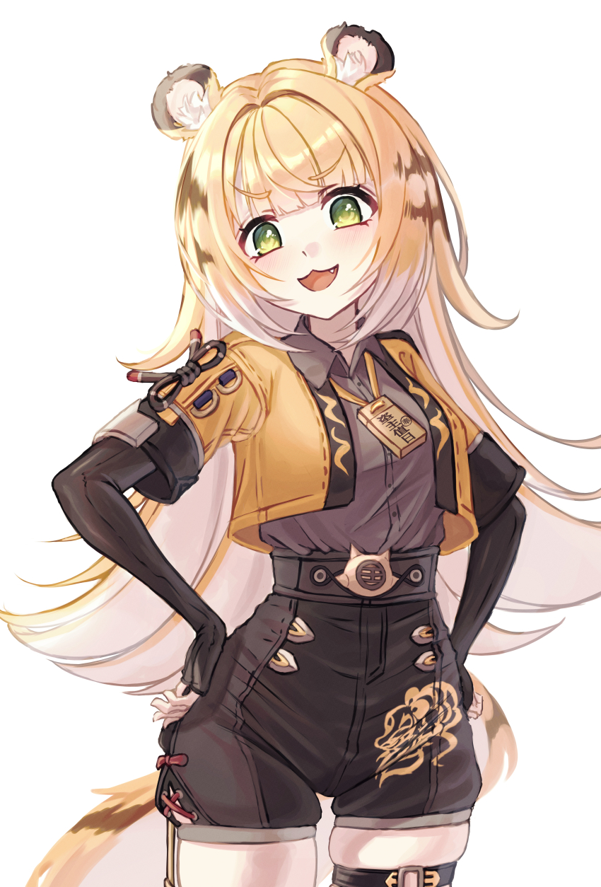 1girl absurdres animal_ear_fluff animal_ears black_gloves black_shirt blonde_hair collared_shirt cropped_jacket fang fingerless_gloves gloves green_eyes hands_on_own_hips high-waist_shorts highres jacket ju_fufu lala_2080 long_hair looking_at_viewer multicolored_fur multicolored_hair open_mouth shirt shorts smile solo striped_fur striped_hair tail thigh_strap tiger_ears tiger_girl tiger_stripes tiger_tail white_background yellow_jacket zenless_zone_zero