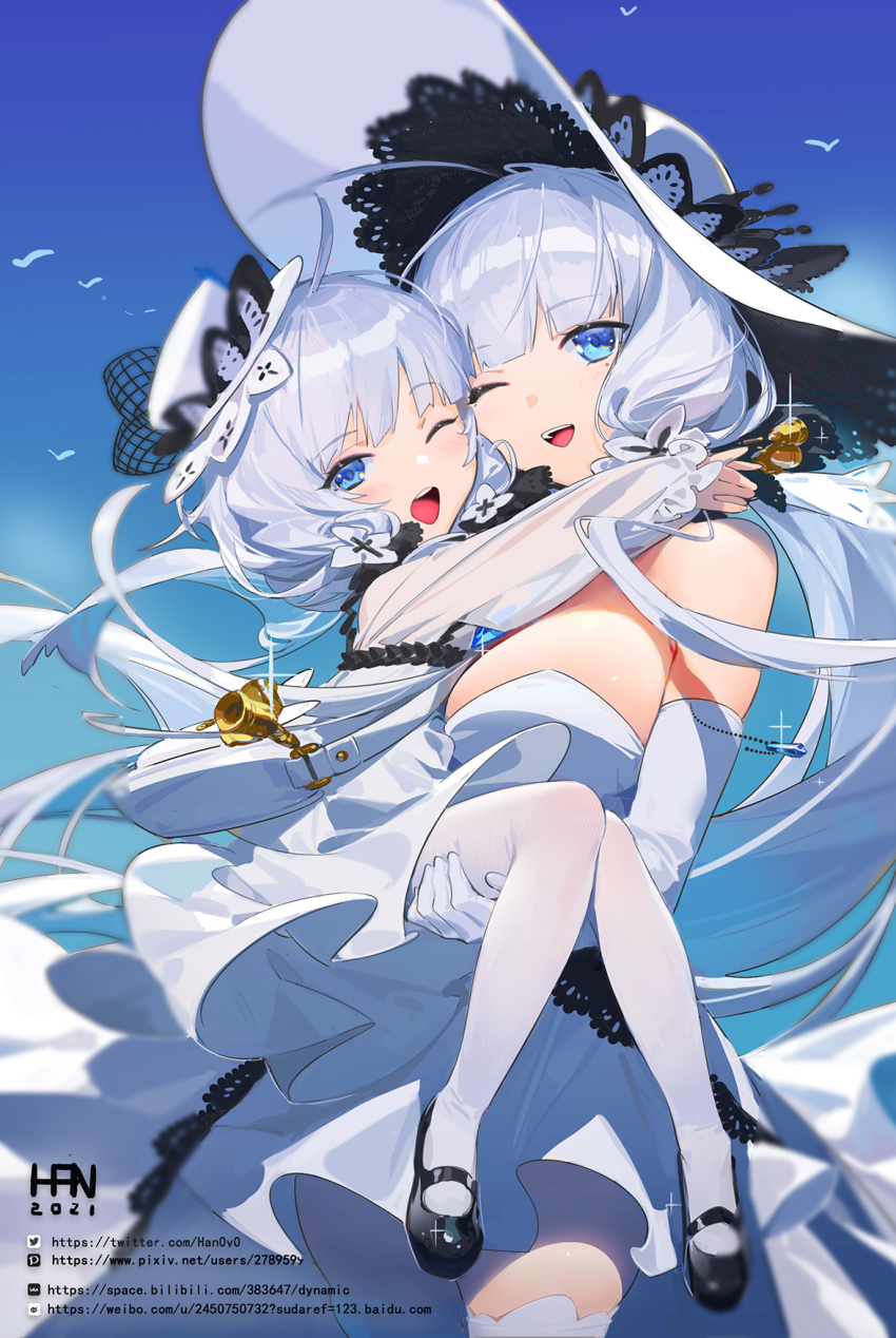 2girls azur_lane blue_eyes breasts dress elbow_gloves gloves han-0v0 hat highres illustrious_(azur_lane) lace-trimmed_headwear lace_trim large_breasts little_illustrious_(azur_lane) long_hair looking_at_viewer mole mole_under_eye multiple_girls one_eye_closed open_mouth strapless strapless_dress sun_hat thighhighs watermark web_address white_dress white_gloves white_hair white_headwear white_legwear