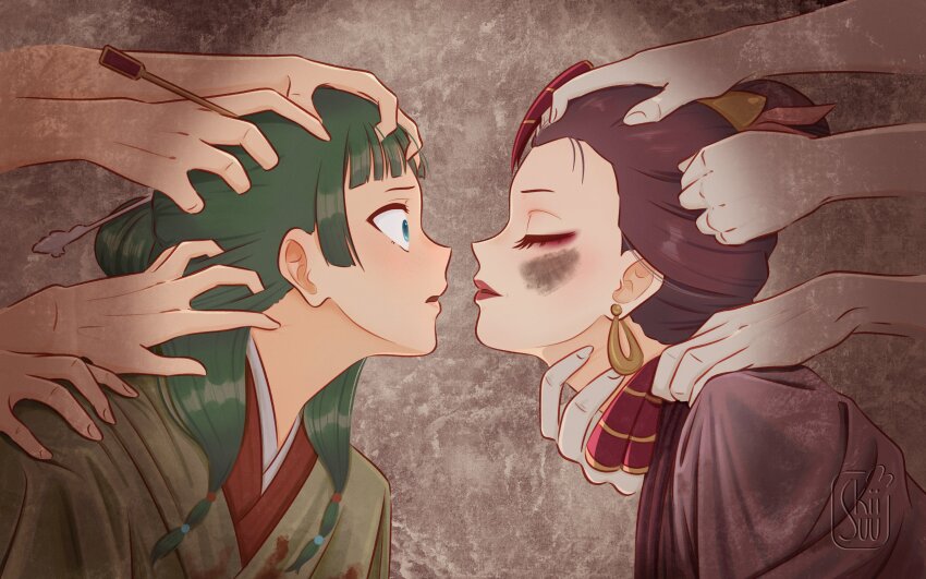 2girls absurdres artist_name closed_eyes closed_mouth earrings from_side grabbing_another&#039;s_hair green_eyes green_hair hair_ornament hair_stick hand_on_another&#039;s_neck highres jewelry kusuriya_no_hitorigoto looking_back maomao_(kusuriya_no_hitorigoto) multiple_girls portrait profile shisui_(kusuriya_no_hitorigoto) sukiii_(skiisuu) wide-eyed