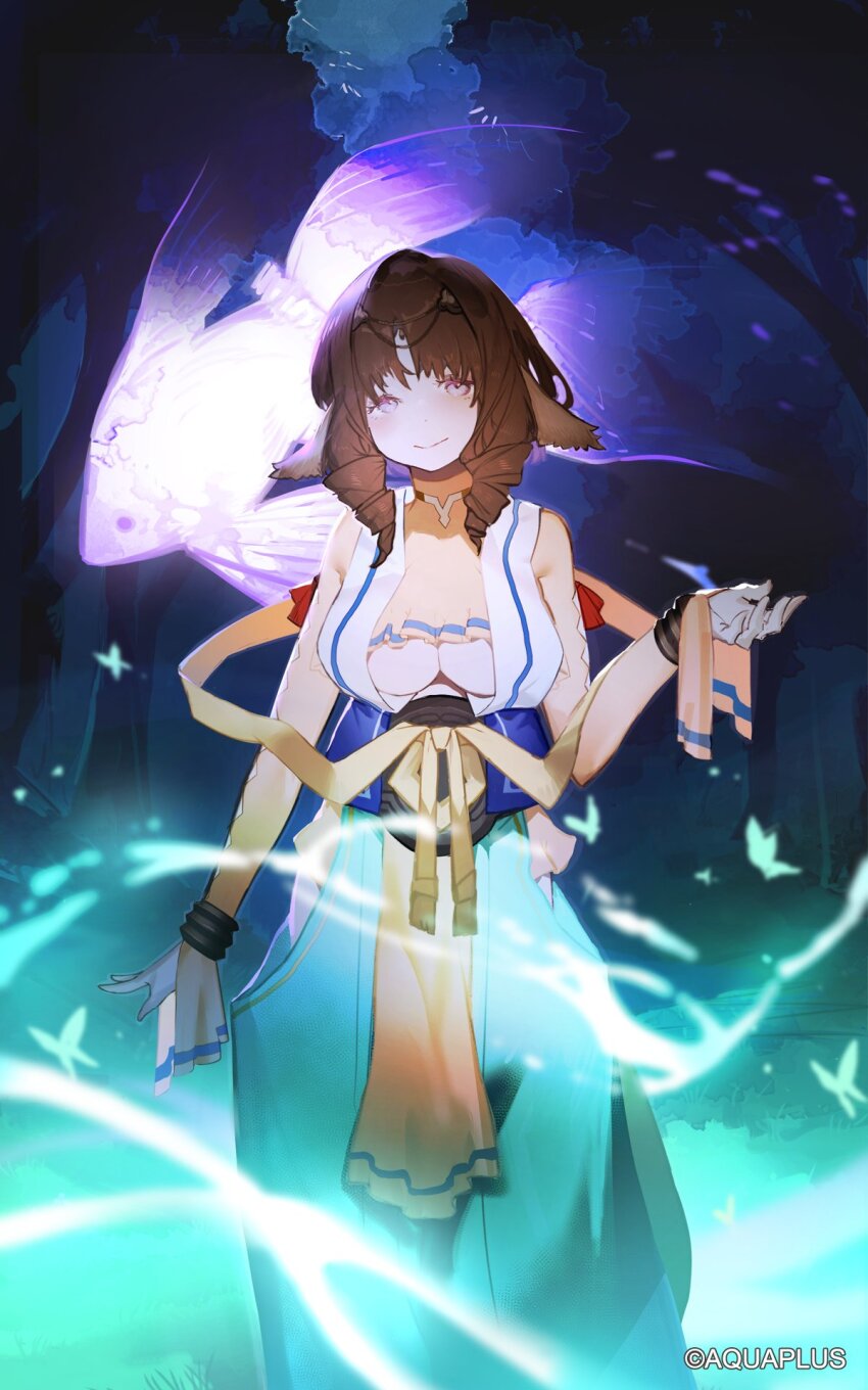 1girl animal_ears aquaplus breasts brown_hair bug butterfly cleavage closed_mouth company_name crop_top crop_top_overhang drill_hair drill_sidelocks feet_out_of_frame fish fumirul goldfish green_hakama hair_ornament hakama hakama_skirt hand_up highres insect japanese_clothes kuronoiparoma large_breasts looking_at_viewer medium_hair official_art purple_eyes sidelocks skirt smile solo underboob utawarerumono utawarerumono:_lost_flag