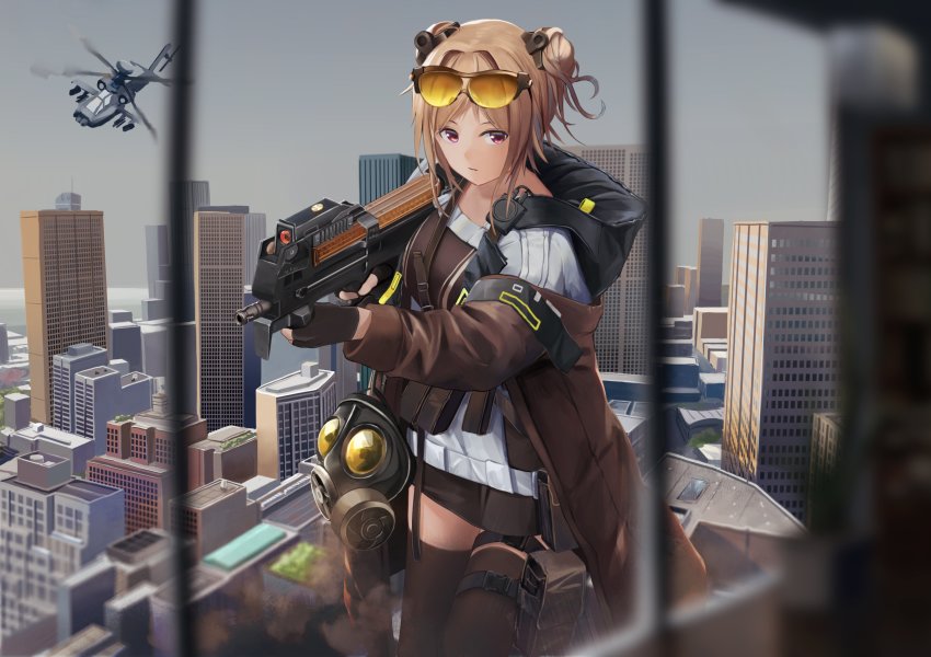 1girl absurdres ah-64_apache aircraft ammunition attack_helicopter buckle bullet bullpup cityscape commission eyewear_on_head fn_5.7x28mm gas_mask girls&#039;_frontline gun helicopter highres horizontal_magazine light_brown_hair mask medium_hair military_vehicle nighttsound p90 p90_(girls&#039;_frontline) pdw_cartridge personal_defense_weapon red_eyes see-through_clothes skeb_commission snap-fit_buckle solo submachine_gun sunglasses_on_head translucent vehicle_request weapon