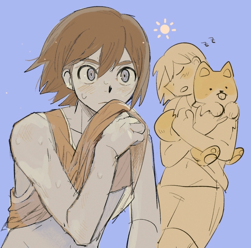 1boy alternate_eye_color alternate_skin_color animal bare_arms bare_shoulders blue_background blue_eyes brown_hair closed_eyes closed_mouth clothes_lift commentary_request dog double-parted_bangs hair_behind_ear hair_between_eyes hand_up hector_(omori) highres holding holding_animal kel_(faraway)_(omori) kel_(omori) lifting_own_clothes male_focus omori open_mouth orange_tank_top ringed_eyes sema_(vivaviva_02) shirt_lift short_hair shorts simple_background sketch sleeping sweat tank_top upper_body wind zzz