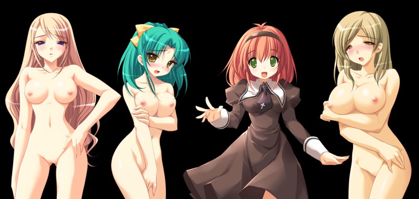 4girls clothed_female_nude_female emily_(pure_dream) escalation_~kuruai_no_fugue~ game_cg green_hair hayakawa_naomi_(escalation) komatsuzaki_rie multiple_girls nude oomori_midori orange_hair sister_(escalation) smile uncensored