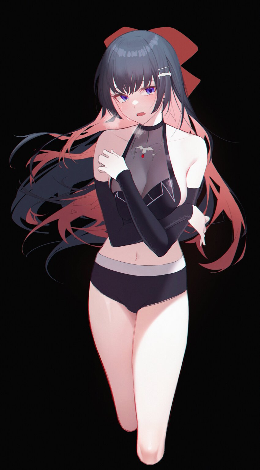 1girl absurdres akane_lize akane_lize_(cosplay) bare_shoulders black_background black_hair black_shirt black_shorts bow breasts cleavage collarbone colored_inner_hair cosplay crop_top cropped_legs detached_sleeves embarrassed hair_bow hair_ornament hairclip heavy_breathing highres large_breasts long_hair long_sleeves looking_at_viewer midriff multicolored_hair navel open_mouth orn purple_eyes see-through_cleavage see-through_clothes shirayuki_hina shirt short_shorts shorts simple_background sleeveless sleeveless_shirt solo stellive stomach tearing_up thighs very_long_hair virtual_youtuber