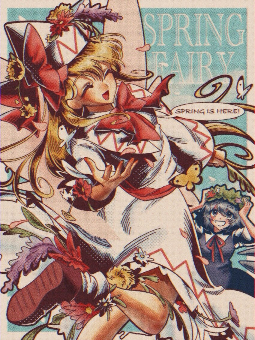 2girls :d ^_^ ankle_socks arms_up blonde_hair blue_dress blue_eyes blue_hair bow bowtie brown_shoes bug butterfly capelet cirno closed_eyes dandelion detached_wings dress english_text fairy flower foot_out_of_frame grin hair_behind_ear hat hat_bow hat_flower head_wreath highres insect lavender_(flower) leaf leg_up lily_white long_hair mememedama10 multiple_girls open_mouth outside_border pink_petals pointy_hat purple_flower red_bow red_bowtie red_flower red_ribbon red_sash ribbon sash shoe_soles shoes short_hair smile socks speech_bubble spring_(season) touhou white_dress white_flower white_socks wings yellow_flower