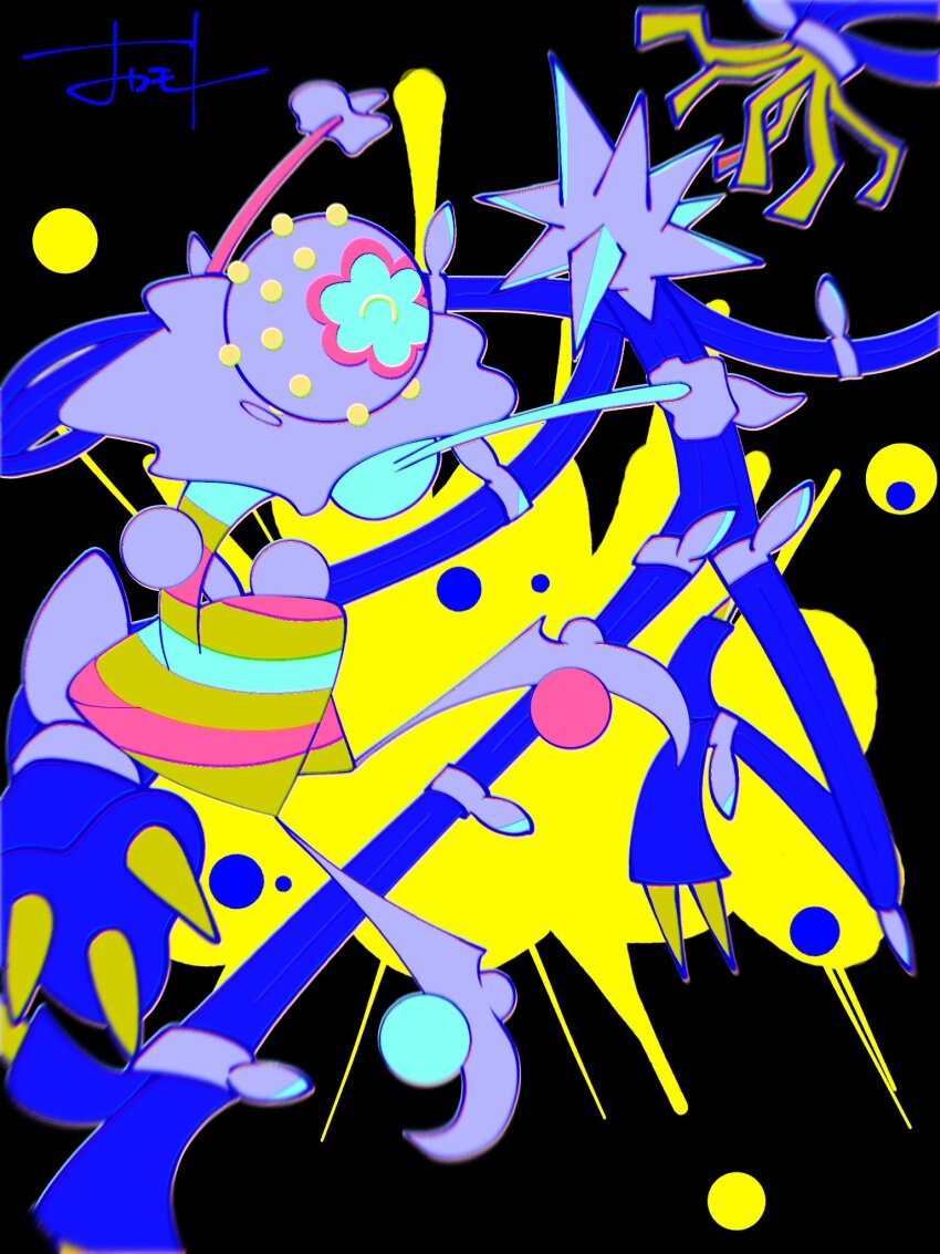 2others artist_request blacephalon black_background cable dancing gen_7_pokemon highres multiple_others nintendo no_eyes no_humans no_mouth pokemon pokemon_(creature) signature simple_background spikes ultra_beast xurkitree