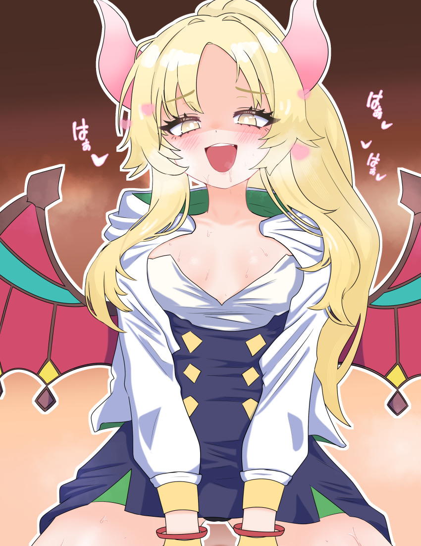 1girl absurdres blonde_hair blush drooling duel_monster ecclesia_(yu-gi-oh!) female_pervert forehead heart heavy_breathing highres horns incredible_ecclesia_the_virtuous looking_at_viewer oldsickkim pervert pov shaded_face solo straddling unbuttoned unbuttoned_shirt wings yellow_eyes yu-gi-oh!