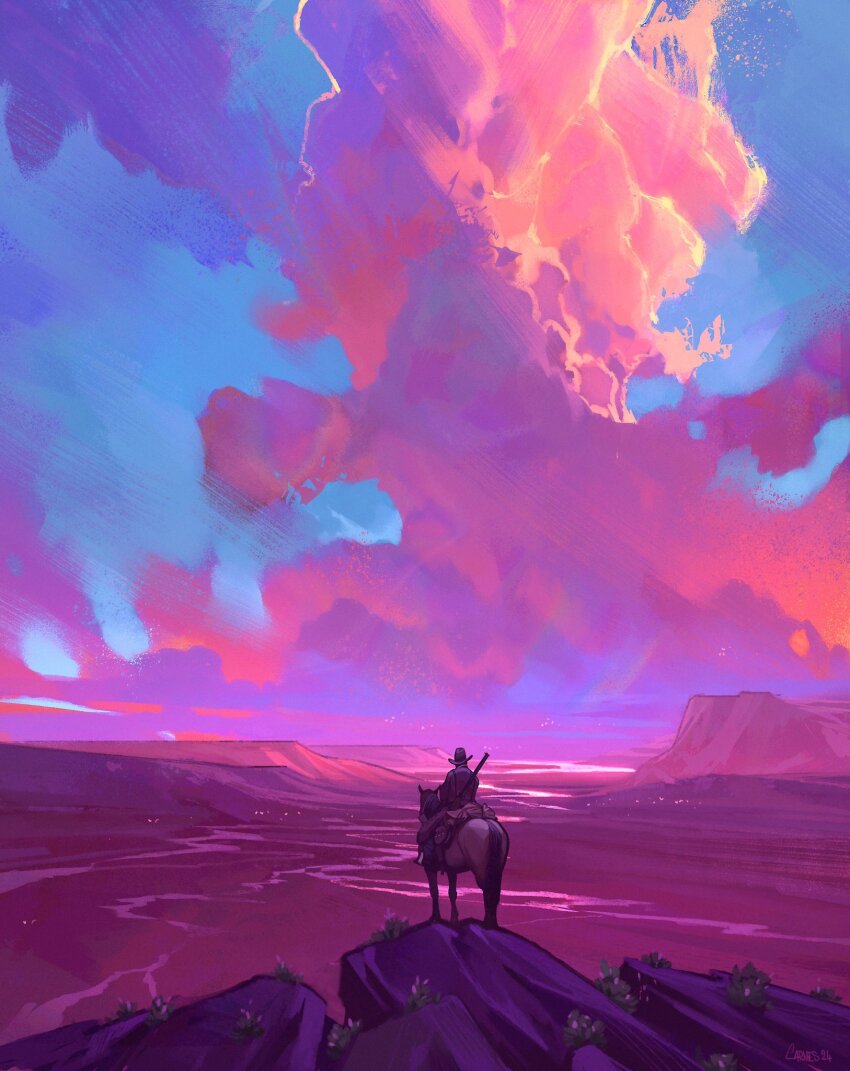 1boy arthur_morgan artist_name blue_sky cliff cloud cloudy_sky commentary cowboy cowboy_western cumulonimbus_cloud english_commentary highres hill horse jocelin_carmes landscape mountainous_horizon outdoors pink_clouds red_dead_redemption_(series) red_dead_redemption_2 river scenery signature sky solo valley western wide_shot