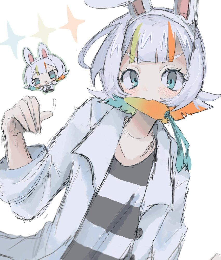 1girl animal_ear_hairband animal_ears aqua_eyes carrot chibi chibi_inset collared_shirt colored_inner_hair fake_animal_ears hairband highres kuzuri_(zutomayo) mouth_hold multicolored_hair nira-chan nira-chan_(kuzuri)_(zutomayo) open_clothes open_shirt rabbit_ear_hairband rabbit_ears shirt streaked_hair two-tone_shirt white_hair white_hairband ztzt_onegai4649 zutto_mayonaka_de_ii_no_ni