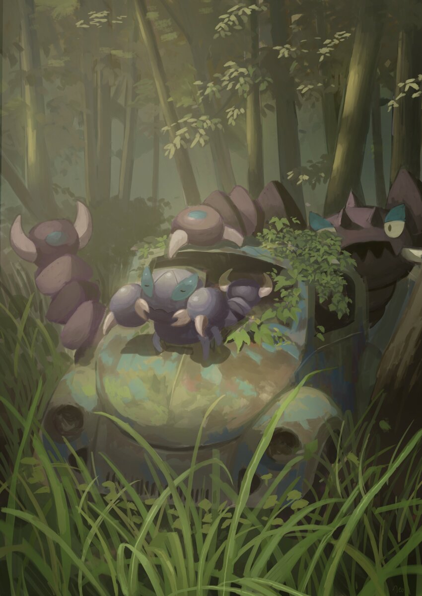 absurdres black_eyes claws closed_eyes commentary_request day drapion evolutionary_line gen_4_pokemon grass highres king_joe_(neoroto) nintendo no_humans outdoors pokemon pokemon_(creature) skorupi tree